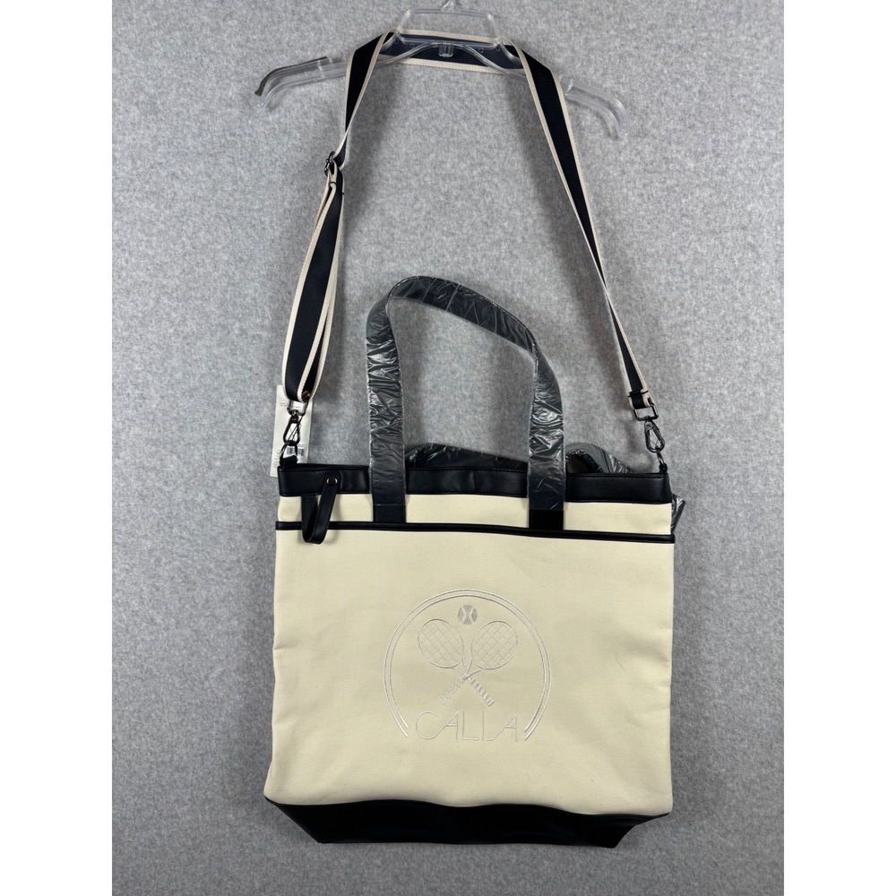 CALIA Canvas Tennis Tote Bag Ivory Black Embroidered Logo Crossbody CAB2530 NEW
